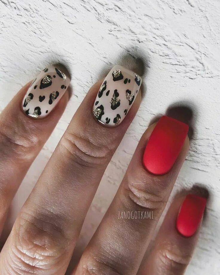 Красный маникюр с леопардовым принтом Маникюр Unghie idee, Unghie gel, Unghie fucsia