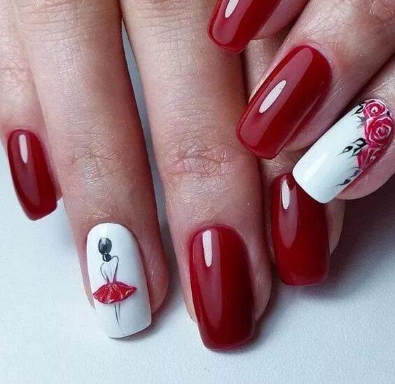 Красный маникюр с рисунком Ногти - Маникюр Nail art, Nail designs, Nail colors