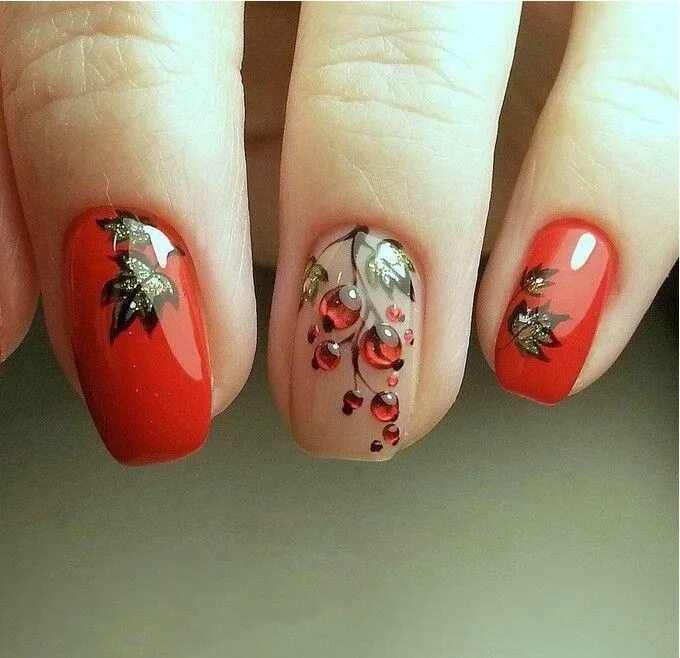 Красный маникюр с рябиной Одноклассники Art deco nails, Nail art designs diy, Cute gel nails