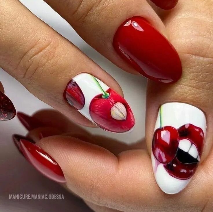Красный маникюр с вишенками Pin by Деница Димитрова on Изкуство in 2024 Tropical nails, Elegant nails, Gel n