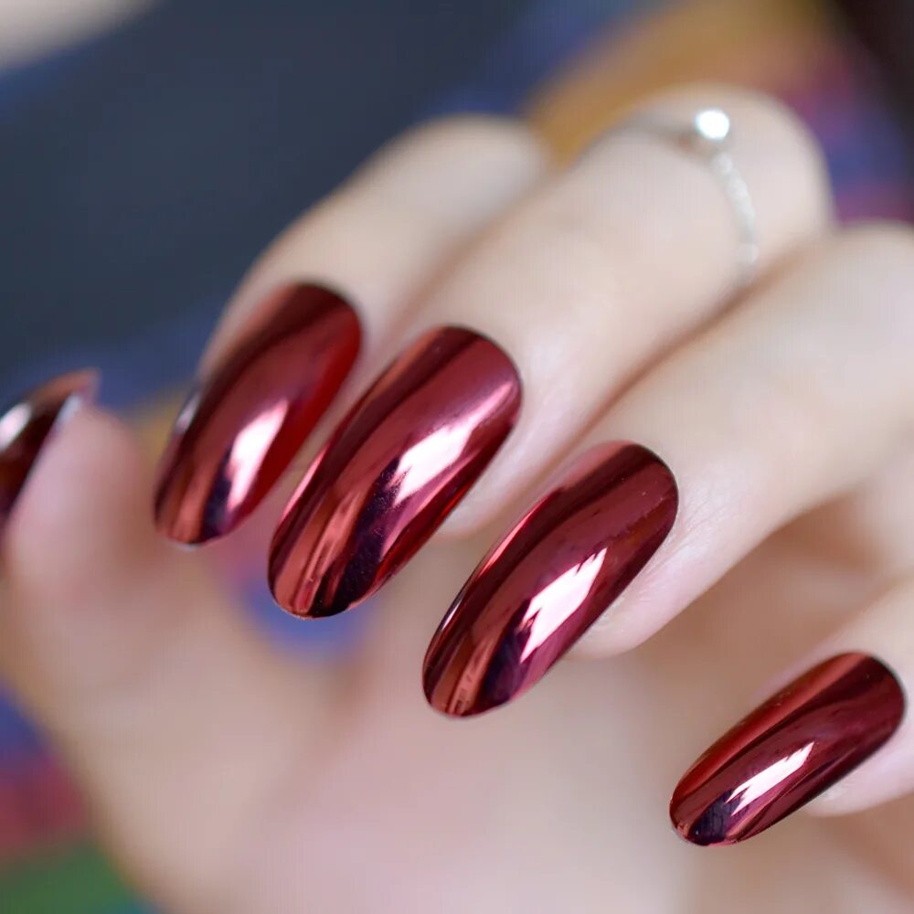 Красный маникюр с втиркой 2024 Metal Mirror False Nails Middle-long Small Round Head Fake Nail Full Cover Acryl