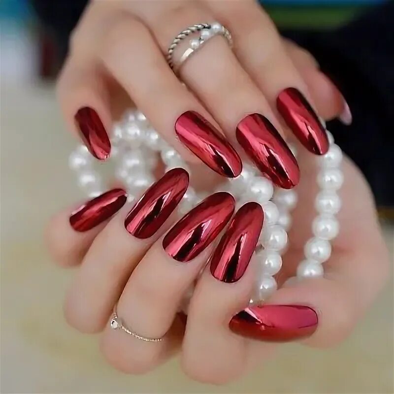 Красный маникюр с втиркой 2024 Details about 3D Metal Mirror False Nails Gold Fake Nail Long Size Rhombus Acryl