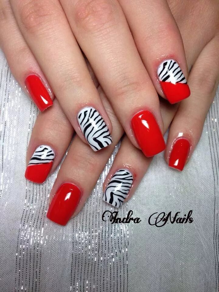 Красный маникюр с зеброй принтом Mary Thailand (marythailand) Zebra nails, Gel nails, Red nail art