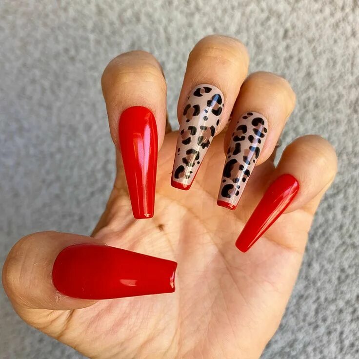 Красный маникюр с животным принтом HANDMADE- HAUTE LEOPARD GLOSSY RED SOLID TIPPING LEOPARD PRINT - L / Short Squar