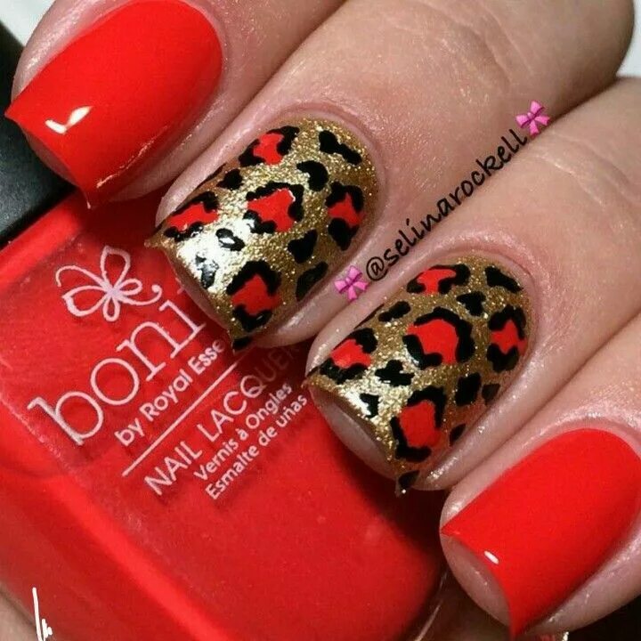 Красный маникюр с животным принтом Pin by Lacey Fox on Nails Leopard nails, Leopard print nails, Glitter gel nails