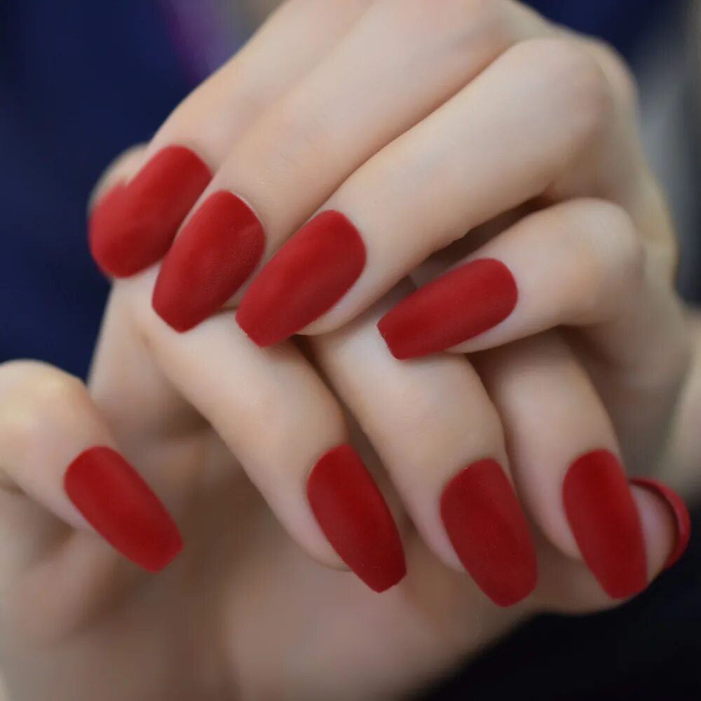 Красный матовый маникюр квадрат Red Ballerina Coffin Nails Soft Fuzzy Flocking Velvet Matte False Nails Frosted 