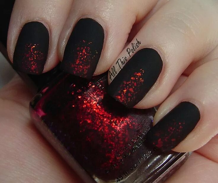 Красный матовый маникюр с блестками All This Polish Sparkle nails, Black acrylic nails, Black nail designs