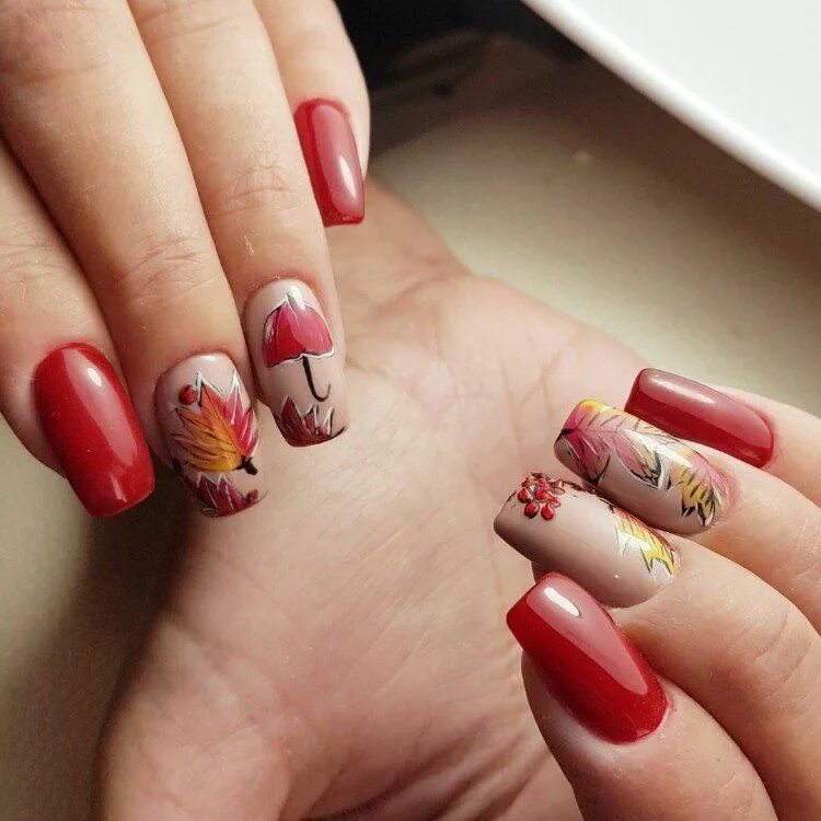 Красный осенний маникюр nail art automne 2018 manucure rouge tendnace agrementée motifs feuilles automna