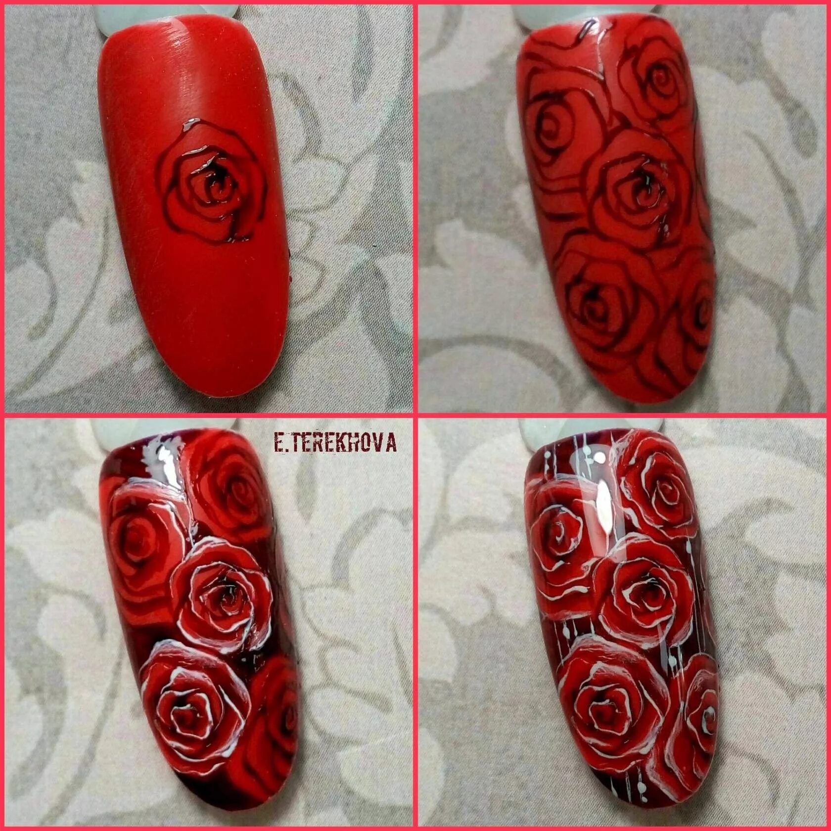 Красный розовый черный маникюр пошагово 51) Одноклассники Floral nail art, Rose nail art, Gel nail art