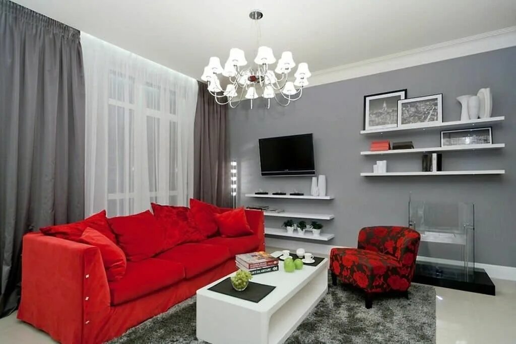 Красный с серым в интерьере Red Living Room Decor with a Feminine Touch