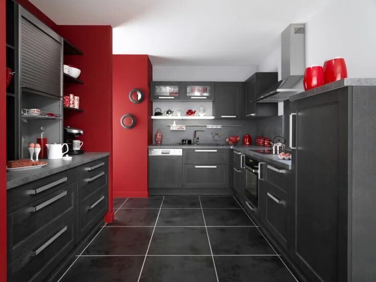 Красный с серым в интерьере Une cuisine noire pour une déco lumineuse Deco cuisine grise, Déco cuisine rouge