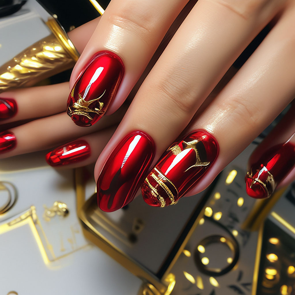 Красный с золотом маникюр с дизайном 2024 "Chic manicure red gold complex" - image created in Shedevrum