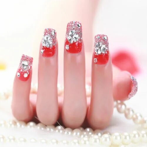 Красный свадебный маникюр 24 Pcs/Set Women Girl Bride Red 3D Fake Nails Wrapped Tips Artificial False N G2