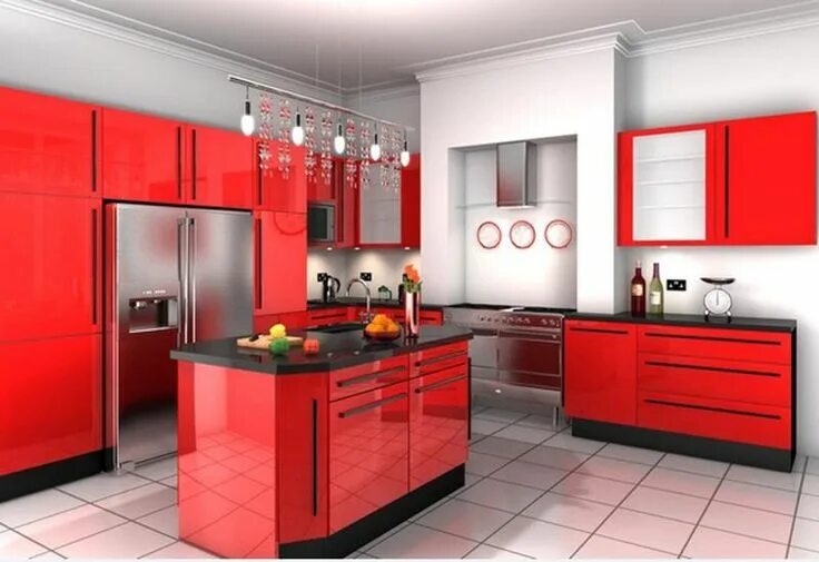 Красный цвет в интерьере кухни This modern kitchen is dominated by the red paint with its extensive storage are