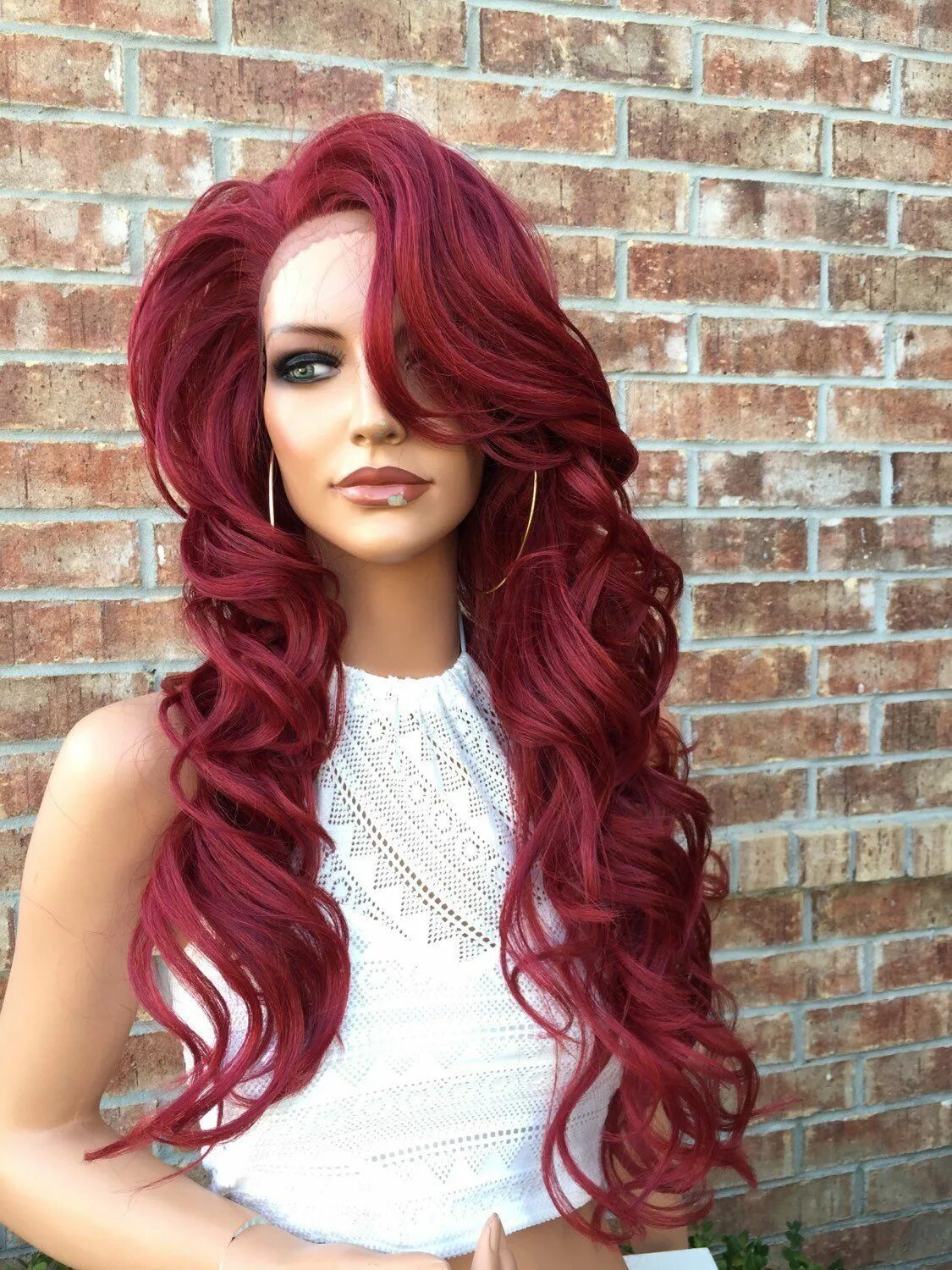 Красный цвет волос фото Billy Long Dark Red Voluminous Curls Human Hair Blend Multi Parting Lace front w