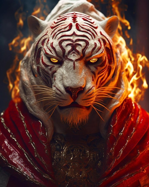 Красный тигр фото Premium Photo A tiger with a red cape and a red jacket with a white tiger on it.