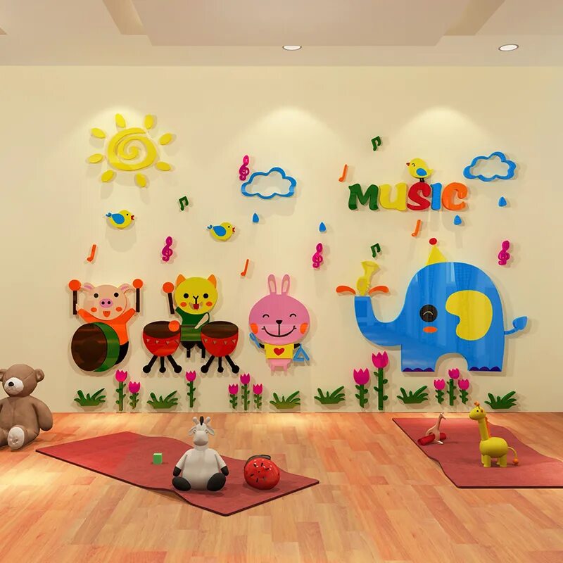 Креативное оформление детского сада Cartoon animal 3D three dimensional wall stickers children's room decoration mus