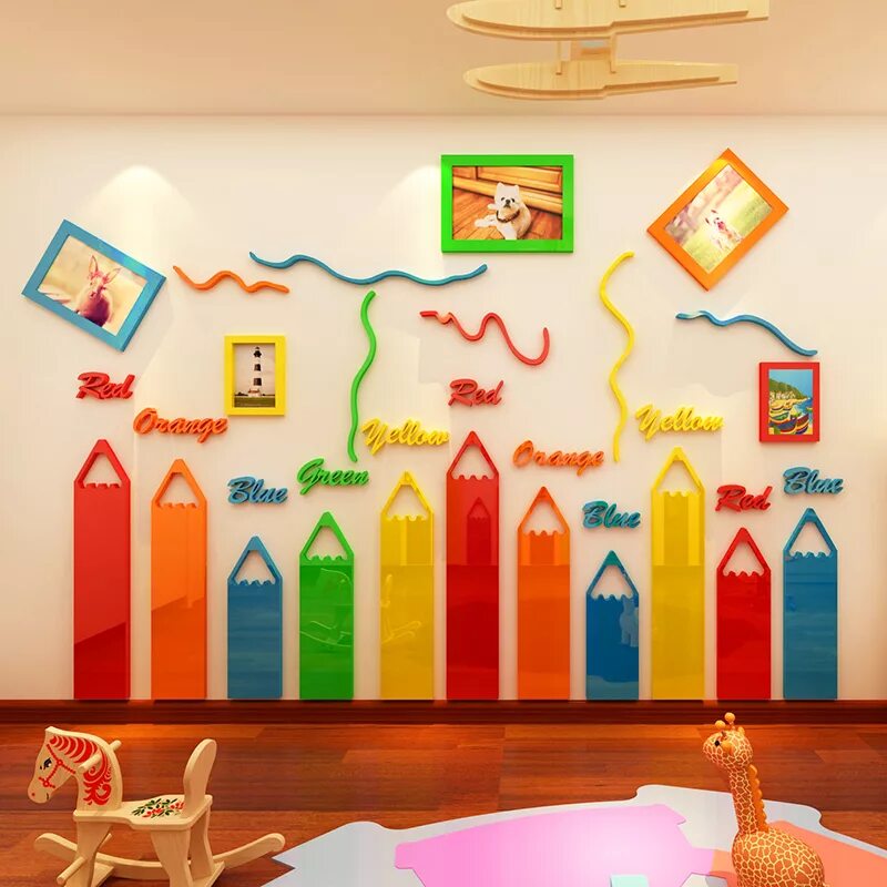 Креативное оформление детского сада Colored Pencils Cartoon 3d Acrylic Wall Stickers For Kids Room Living Room Kinde