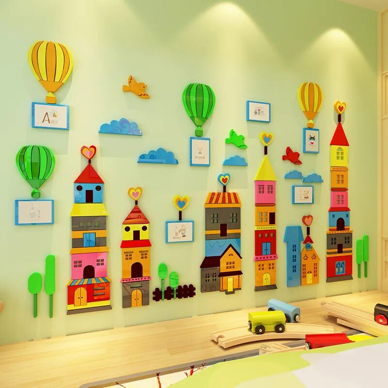 Креативное оформление детского сада Staircase Corridor Decorative Wall Sticker Acrylic Cartoon City Wall Sticker 3d 