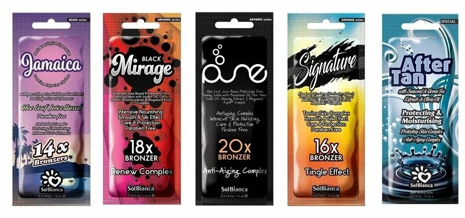 Крем для солярия фото Комплект Крем для солярия Jamaica, Mirage, Pure, Signature, After Tan 15 мл. х 5