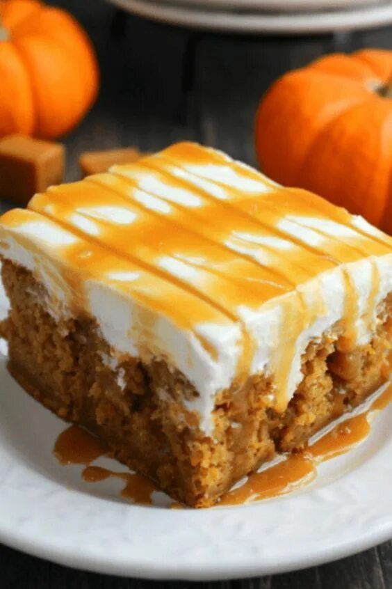Крем из тыквы рецепт с фото Pumpkin Caramel Cream Cheese Poke Cake from Delightful E Made is #7 on our list 