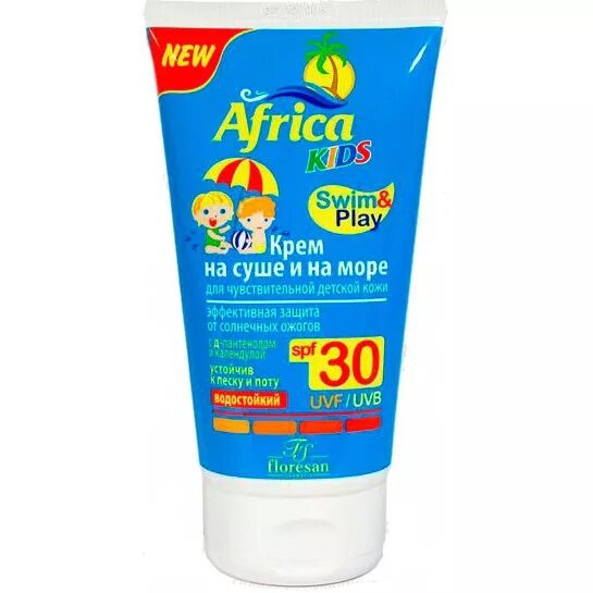 Крем от солнца фото Крем солнцезащитный детский Флоресан Africa Kids "Крем на суше и на море" 150 мл