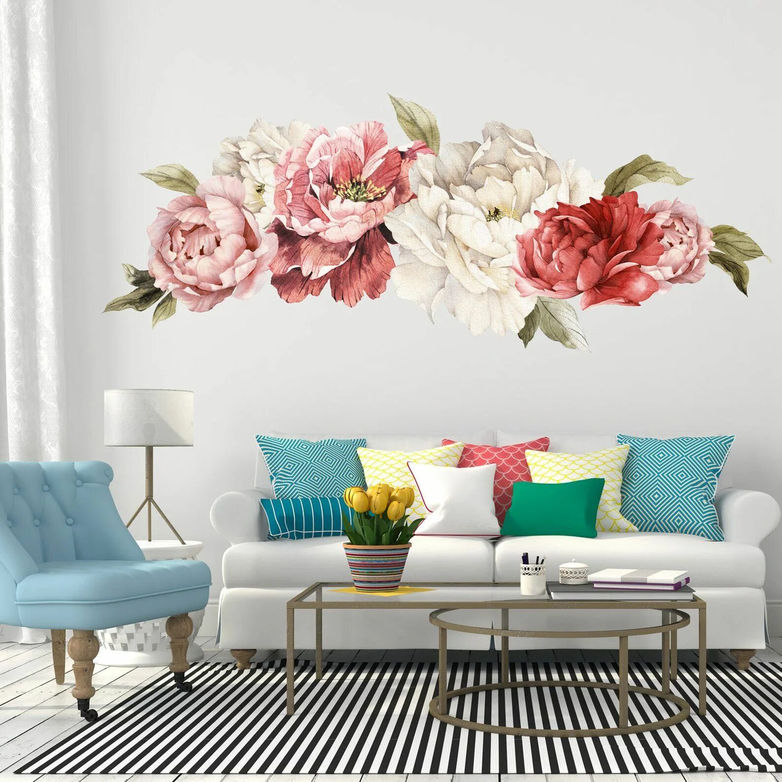 Крупные цветы в интерьере фото Flower Decals Large Pink and Red Flower Decals Wall Stickers - Etsy Living room 
