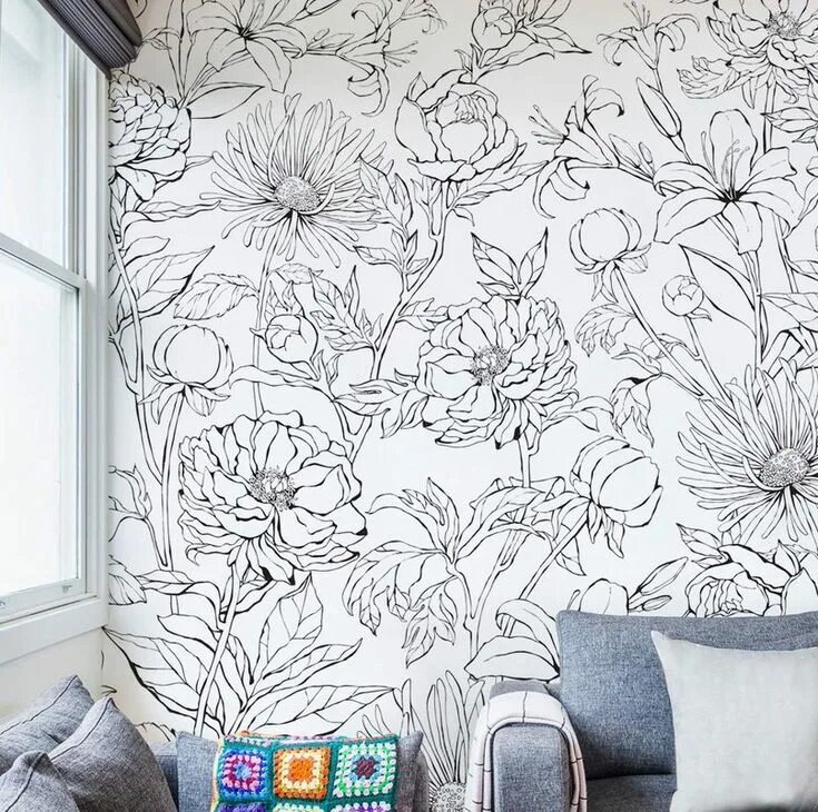 Крупный рисунок обоев в интерьере Malbon Botanical Garden Hand Drawn Flowers Art 4 Piece Wallpaper Panel Wallpaper