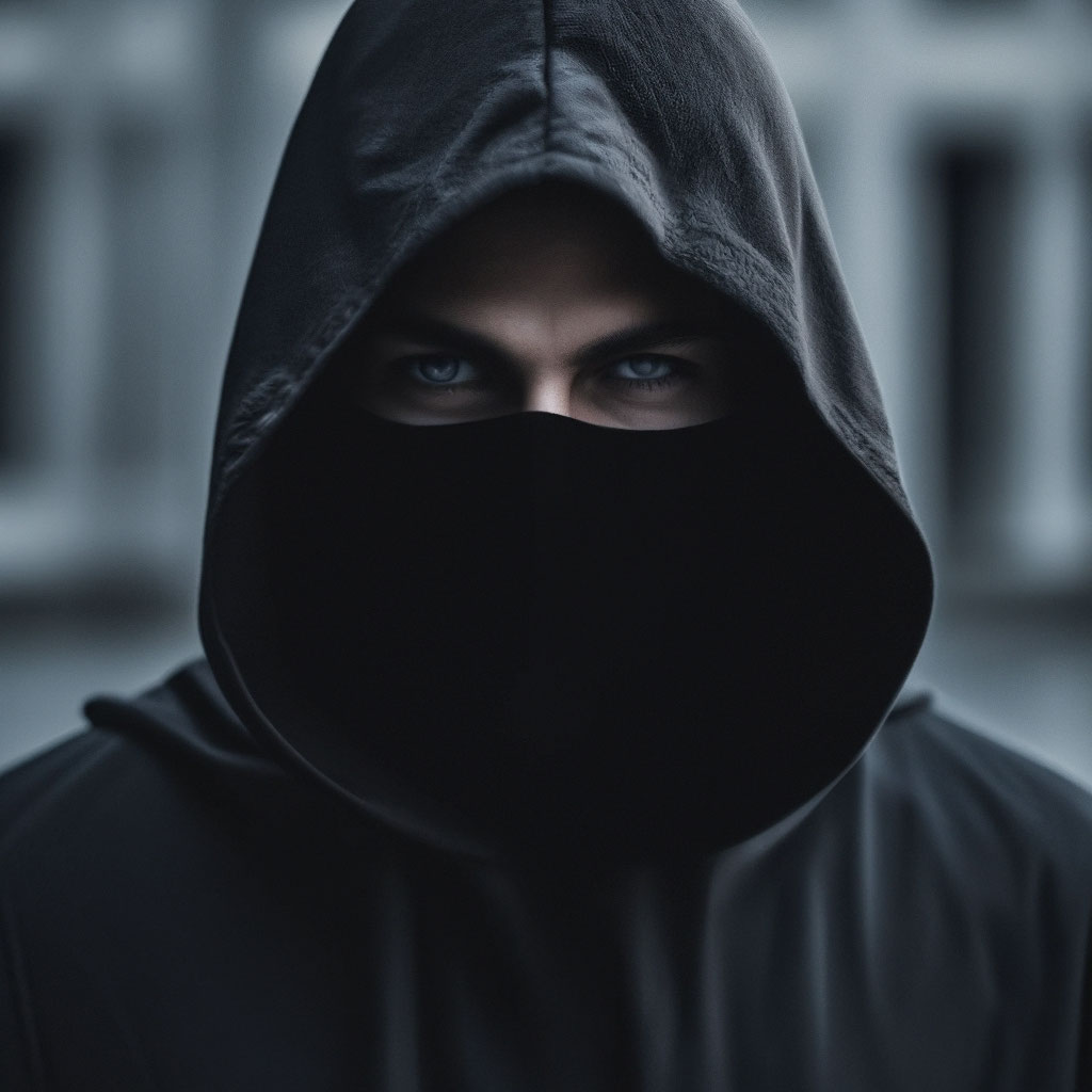 Крутое фото в капюшоне "A man in a black hood and mask, only ." - image created in Shedevrum