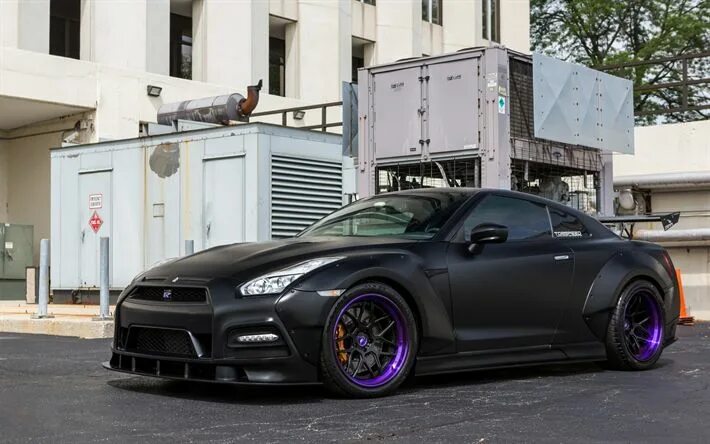 Крутой тюнинг ниссан Download imagens Nissan GTR, cupê esportivo, preto fosco GT-R, roxo rodas, Ajust