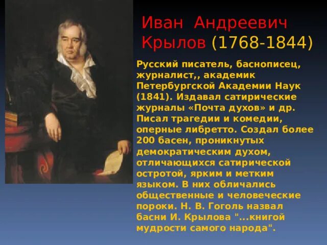Крылов фото и биография Художественная культура России II половины XVIII века