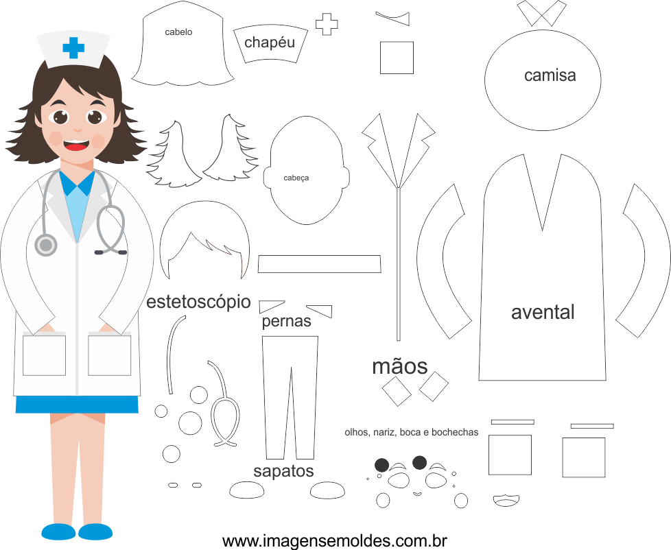 Кукла врач из фетра выкройка Molde de enfermeira 5 para Feltro - EVA e Artesanato, template de médico, imagem