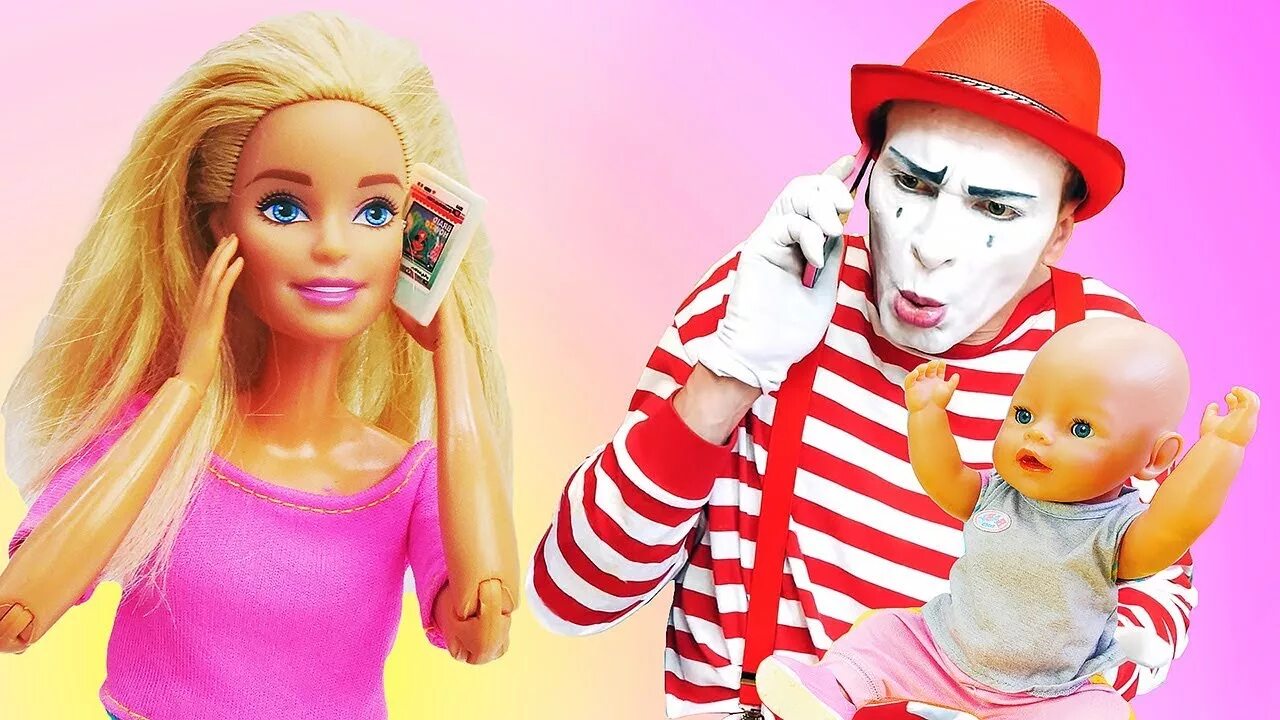 Куклы видео фото Barbie doll, clown and Baby doll: Funny video for children - YouTube