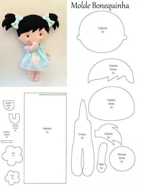 Куклы выкройки для начинающих Molde Bonequinha de feltro Felt Doll Pattern Patrón de muñeca de fieltro Bonequi