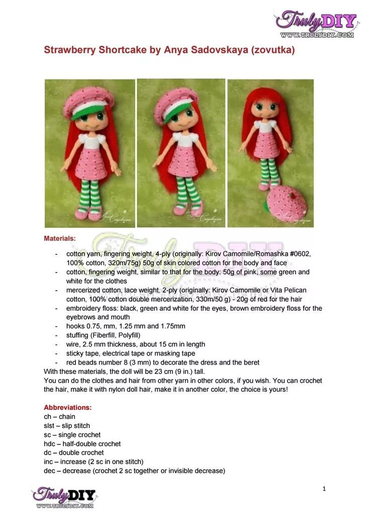 Куколка крючком схема Bb 5 em màu dâu tây strawberry shortcake eng Crochet doll pattern, Crochet straw