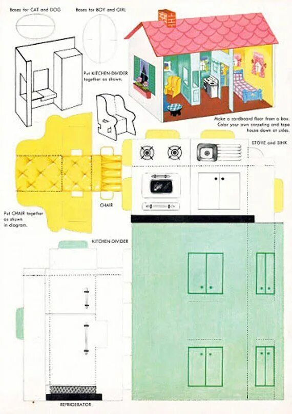 Кукольный домик из картона своими руками схемы Doll House Punch-out 1973, Vintage Paper Doll House, Instant Download, Printable