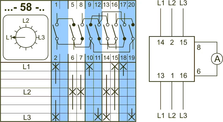 Кулачковый переключатель на 2 положения схема подключения 2 - полюсные L1-L2-L3 (Схема № 58) - Проект