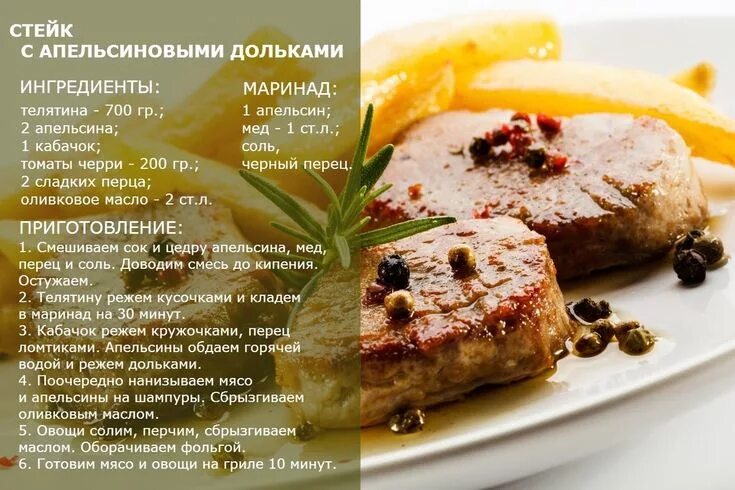 Кулинария простые рецепты фото Стейк из телятины с апельсиновыми дольками Food, Breakfast, Beef