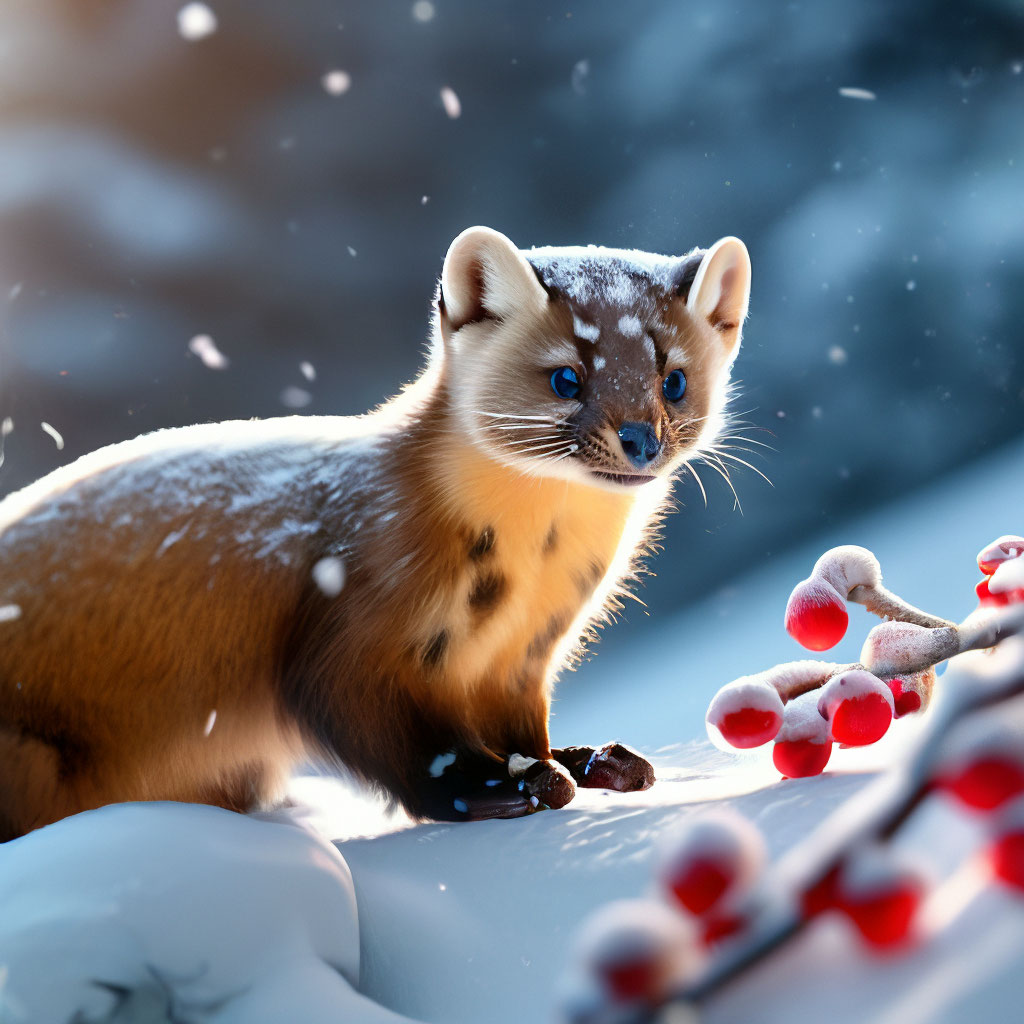 Куница зимой фото "Beautiful marten, berries, winter, ." - image created in Shedevrum
