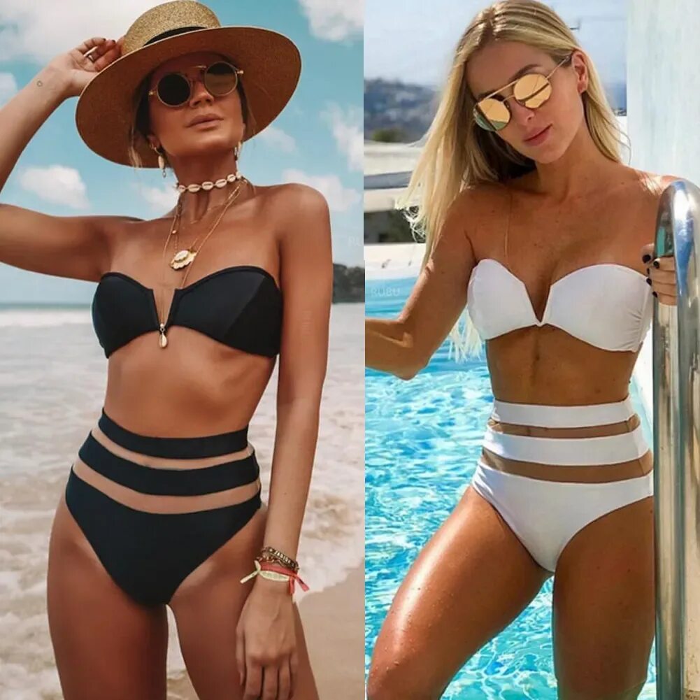 Купальник с высокой талией фото Bandeau Bikini Set Женщины Высокая Талия Push Up Мягкий Бюстгальтер Брещитный Ку