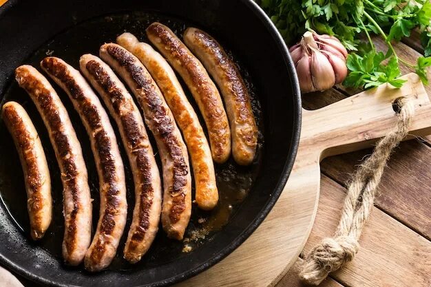 Купаты на сковороде рецепт с фото Свежие жареные куриные сосиски на сковороде Премиум Фото