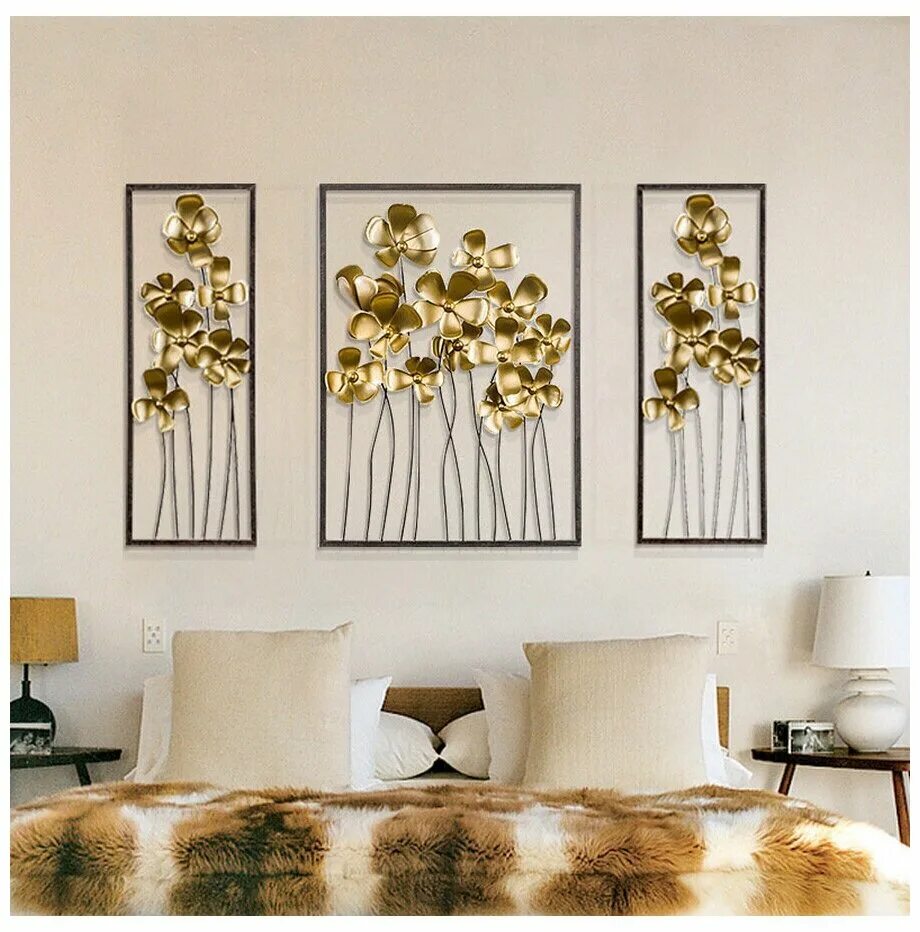 Купить декоры в спальню на стену Настенное панно из металла "Gold Leaf Flowers" 116x80 см (3 коробки) - купить по