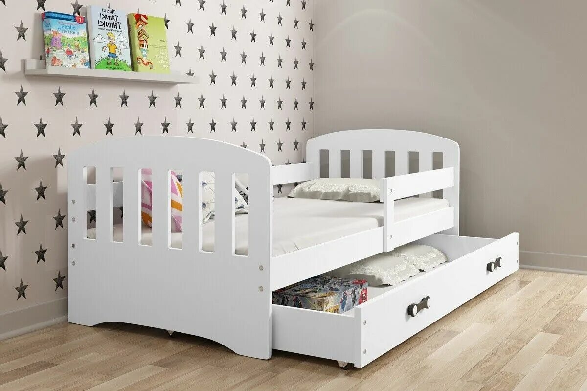 Купить детскую кровать фото Купить Kinderbett classic mit Matratze und Schublade 160x80 weiß-graphit, цена 4
