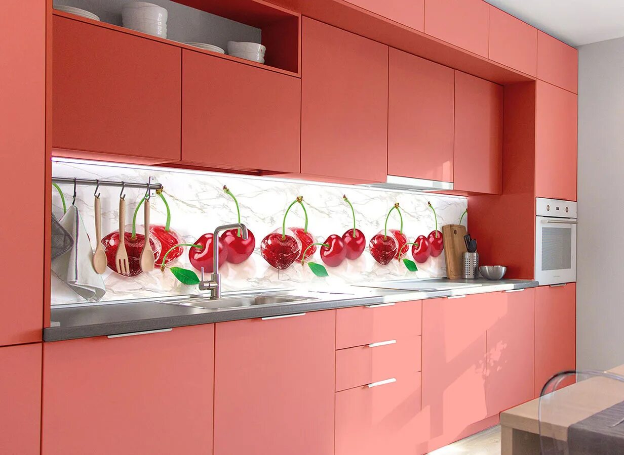Купить фото панели на кухню Кухонный фартук на стену, Стеновая панель ЛЕДЯНАЯ ВИШНЯ 3000х600 мм термоперевод