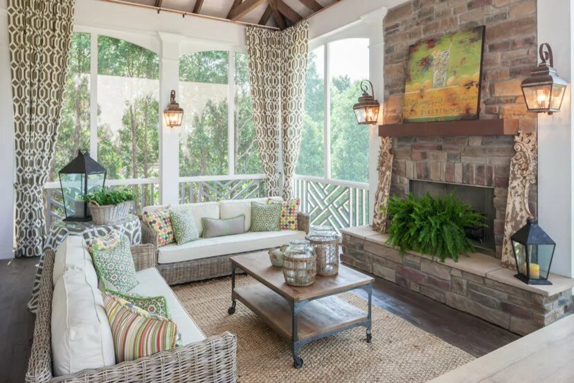 Купить интерьер для дачи Two story double porch with outdoor fireplace, travertine patio, and AZEK deck -