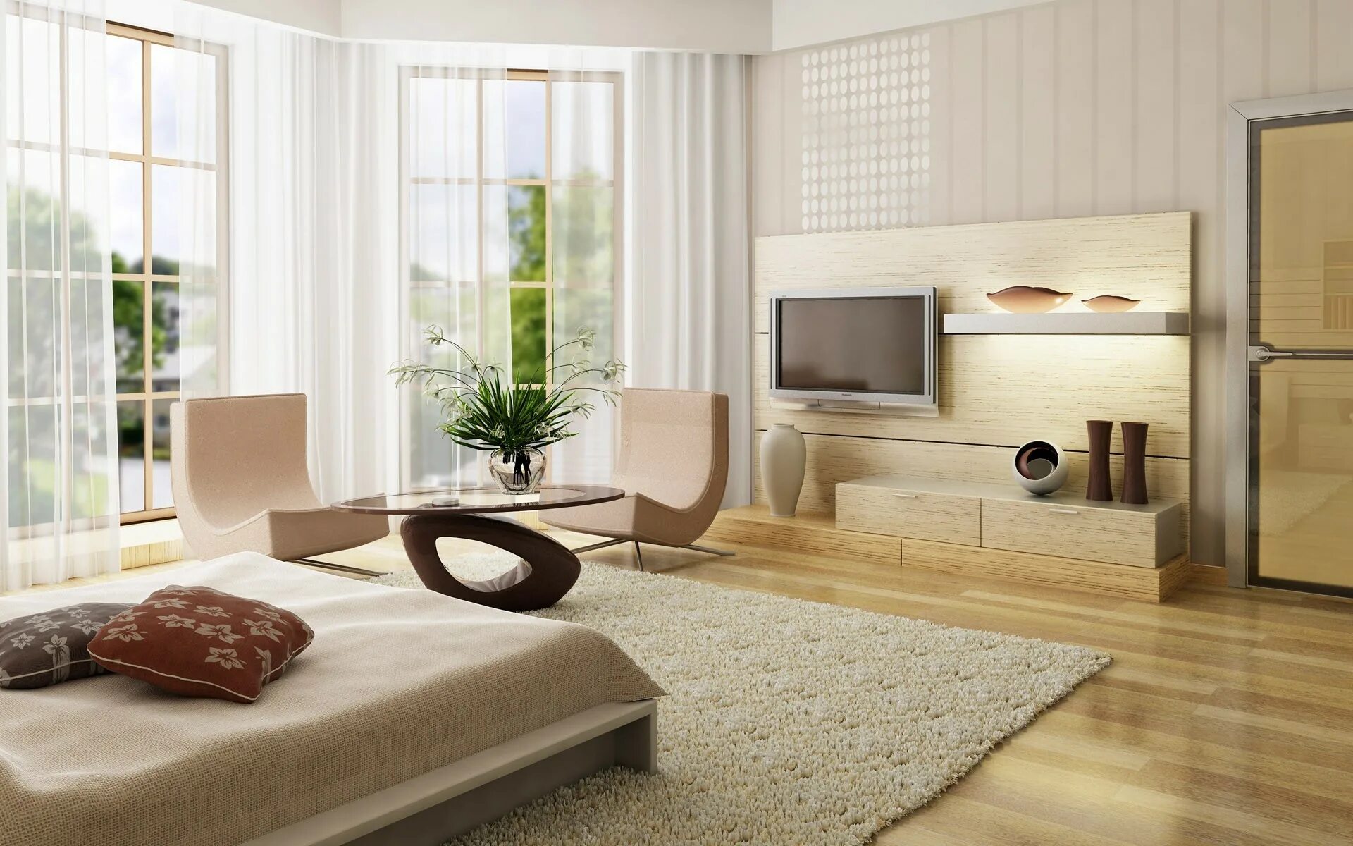 Купить интерьер комнаты Wallpaper : wooden surface, bed, chair, carpets, bedroom, interior design, cushi