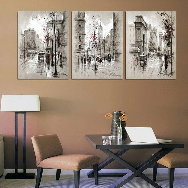 Купить картину для интерьера в москве 3 Panel Canvas Painting Wall Art Abstract City Street Landscape Arte de enmarcad