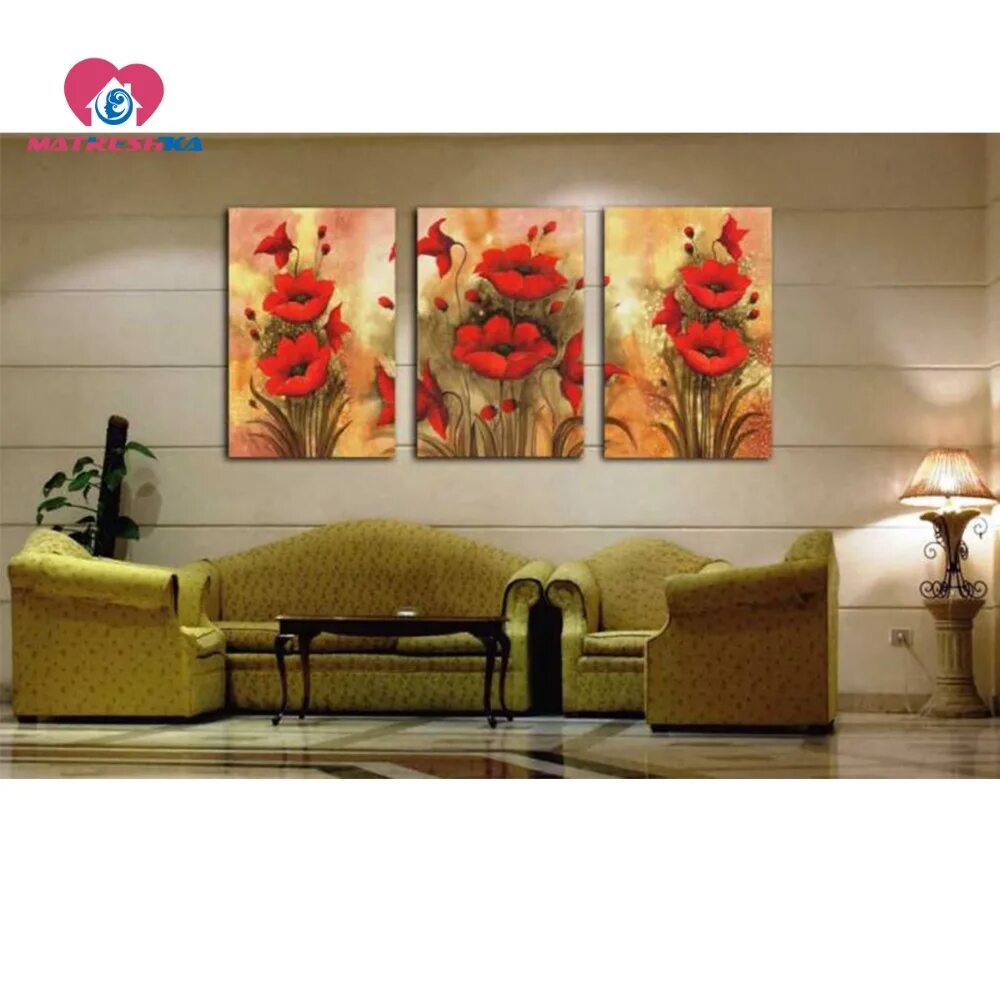 Купить картину для интерьера в москве Diamond Mosaic Square Flowers Pictures With Rhinestones Painting Triptych Diy 5d