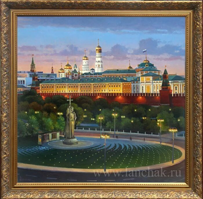 Купить картины фото в 3д московского кремля Москва. Боровицкая площадь. Картина маслом художника Максима Ланчака. Купить кар