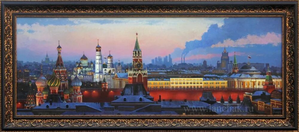 Купить картины фото в 3д московского кремля Панорама ночной Москвы. Вид на Кремль. Картина маслом художника Максима Ланчака.